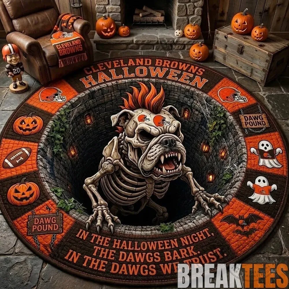 Round Rug featuring Skeleton Bulldog for Cleveland Browns Halloween Dawg Pound Theme
