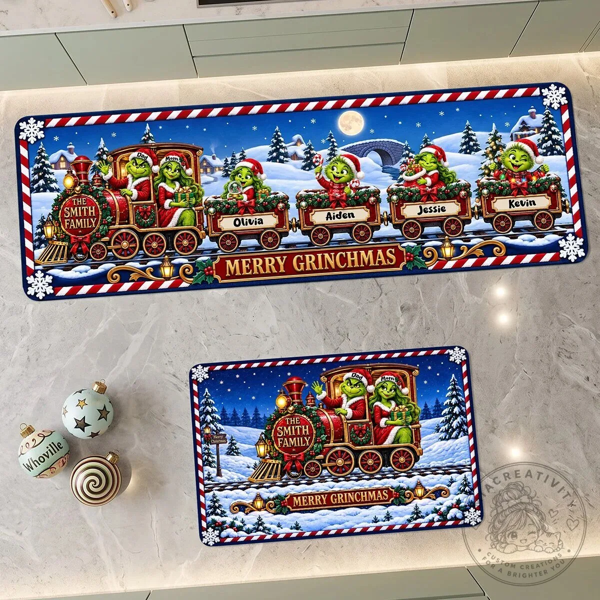 Personalized Grinchmas Family Train Christmas Kitchen Floor Mat