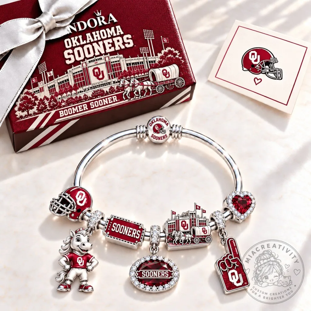 Oklahoma Sooners Football Team Silver Charm Bracelet with Red Crystal Accents Oklahoma Sooners Football Team Silver Charm Bracelet with Red Crystal Accents