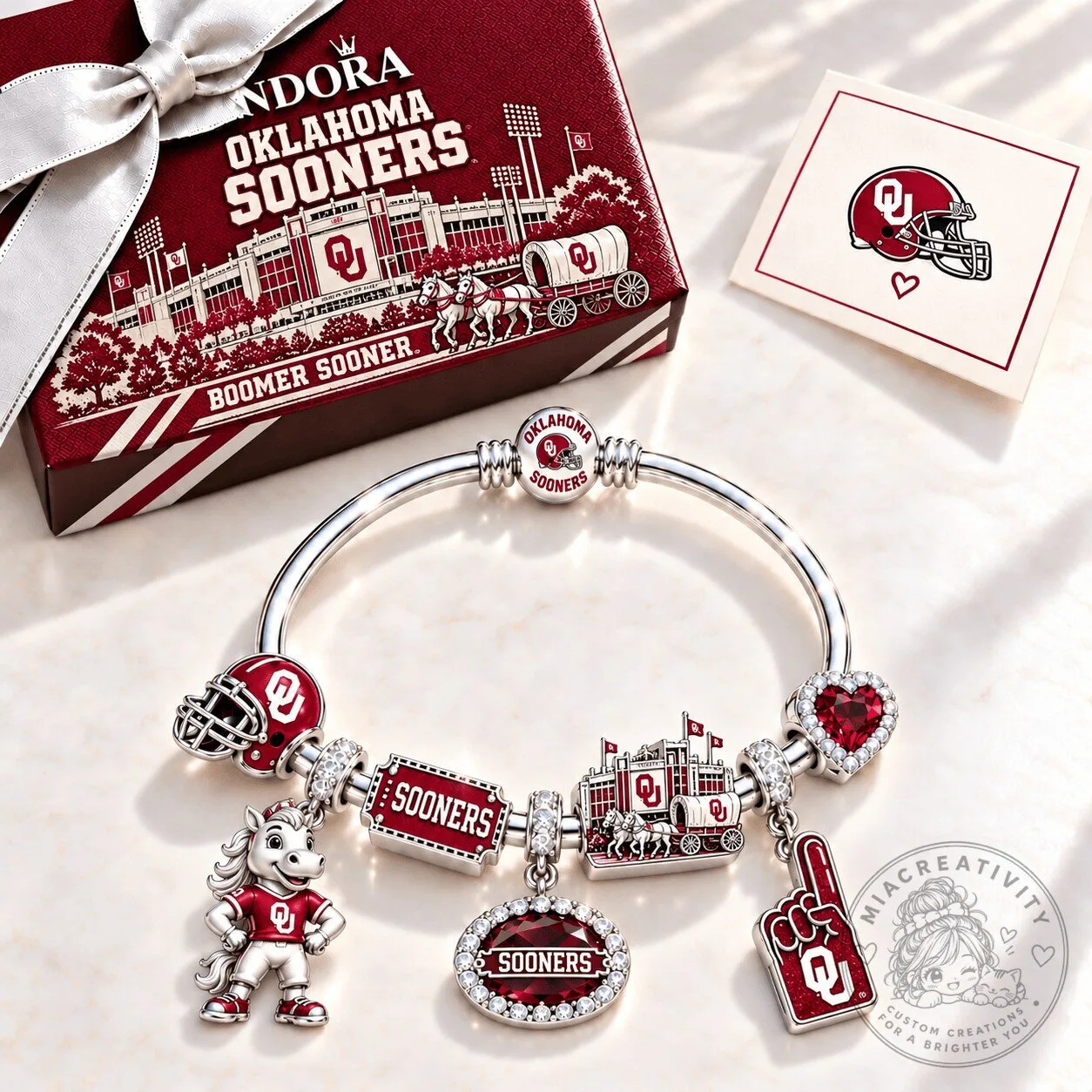 Oklahoma Sooners Football Team Silver Charm Bracelet with Red Crystal Accents