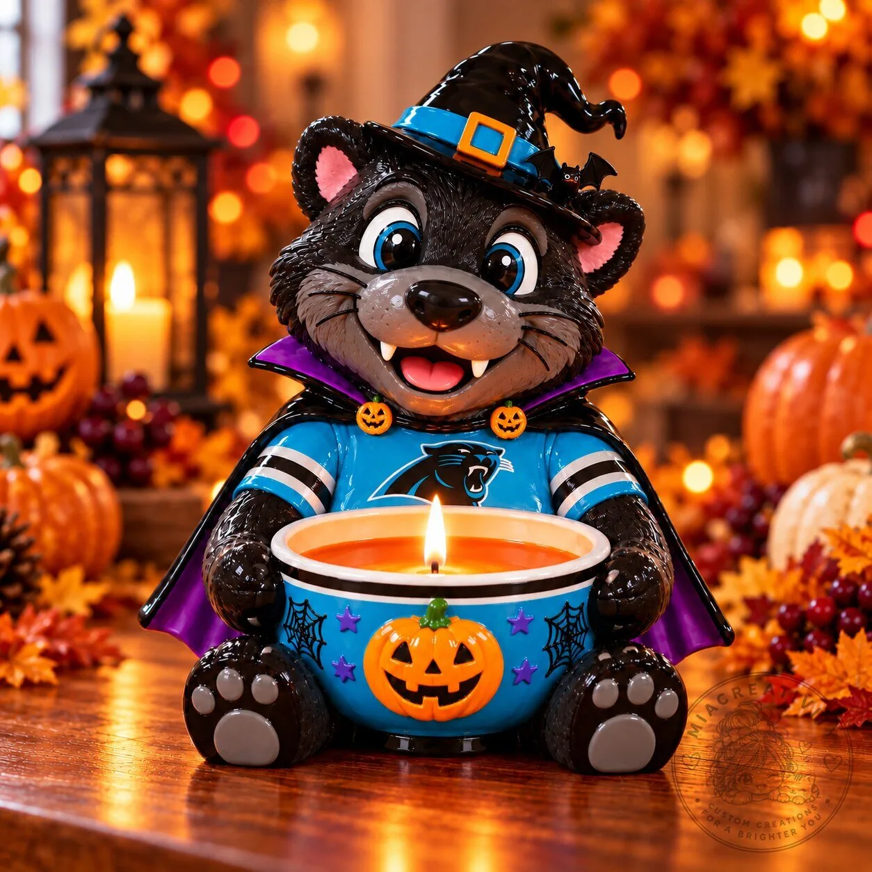Carolina Panthers Halloween Bear Candle Holder Spooky Game Day Decor
