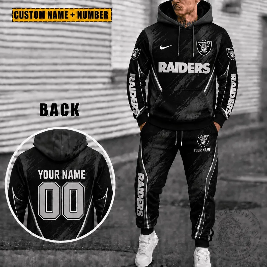 Black Hoodie and Sweatpants Set Customized for Las Vegas Raiders Fans Black Hoodie and Sweatpants Set Customized for Las Vegas Raiders Fans