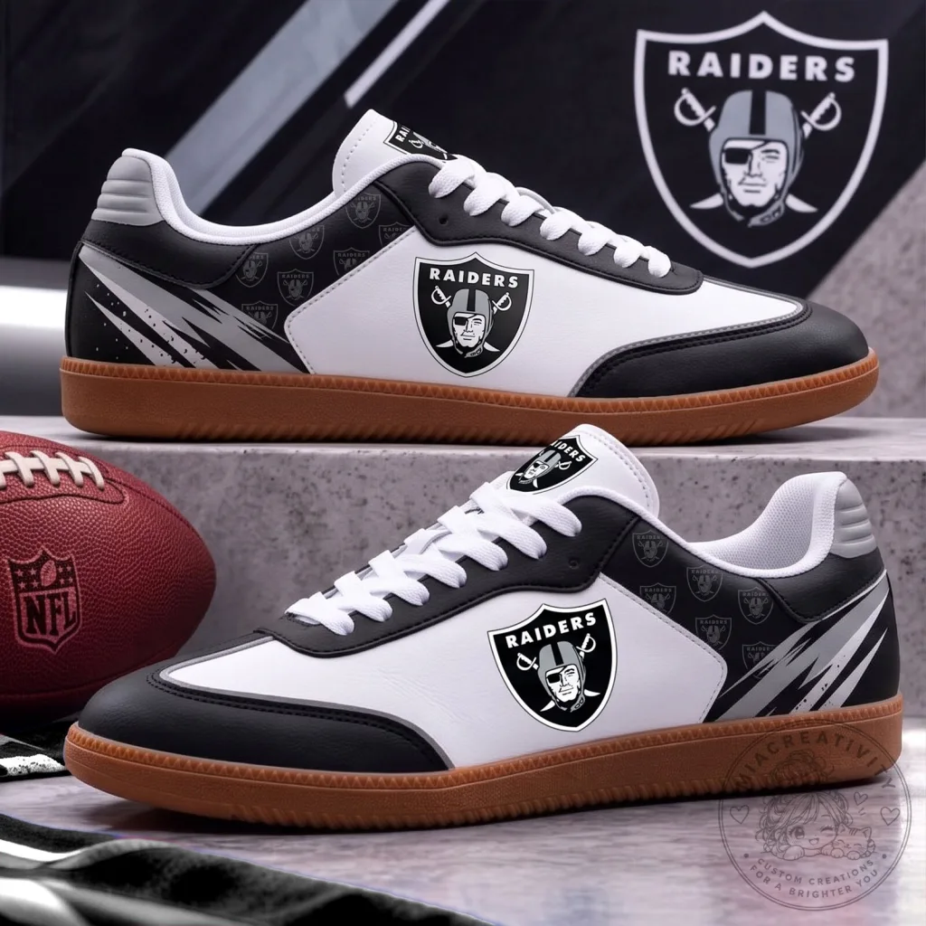 Las Vegas Raiders NFL Football Team Logo White and Black Athletic Shoes 10 Las Vegas Raiders NFL Football Team Logo White and Black Athletic Shoes