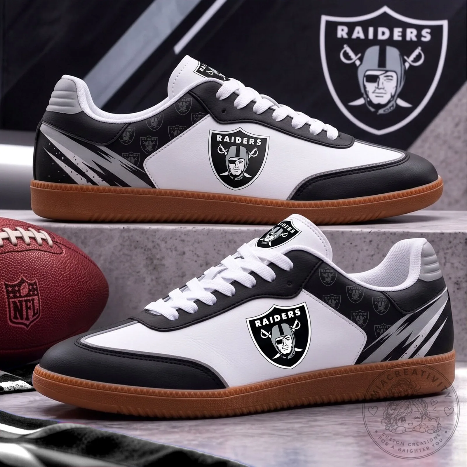 Las Vegas Raiders NFL Football Team Logo White and Black Athletic Shoes
