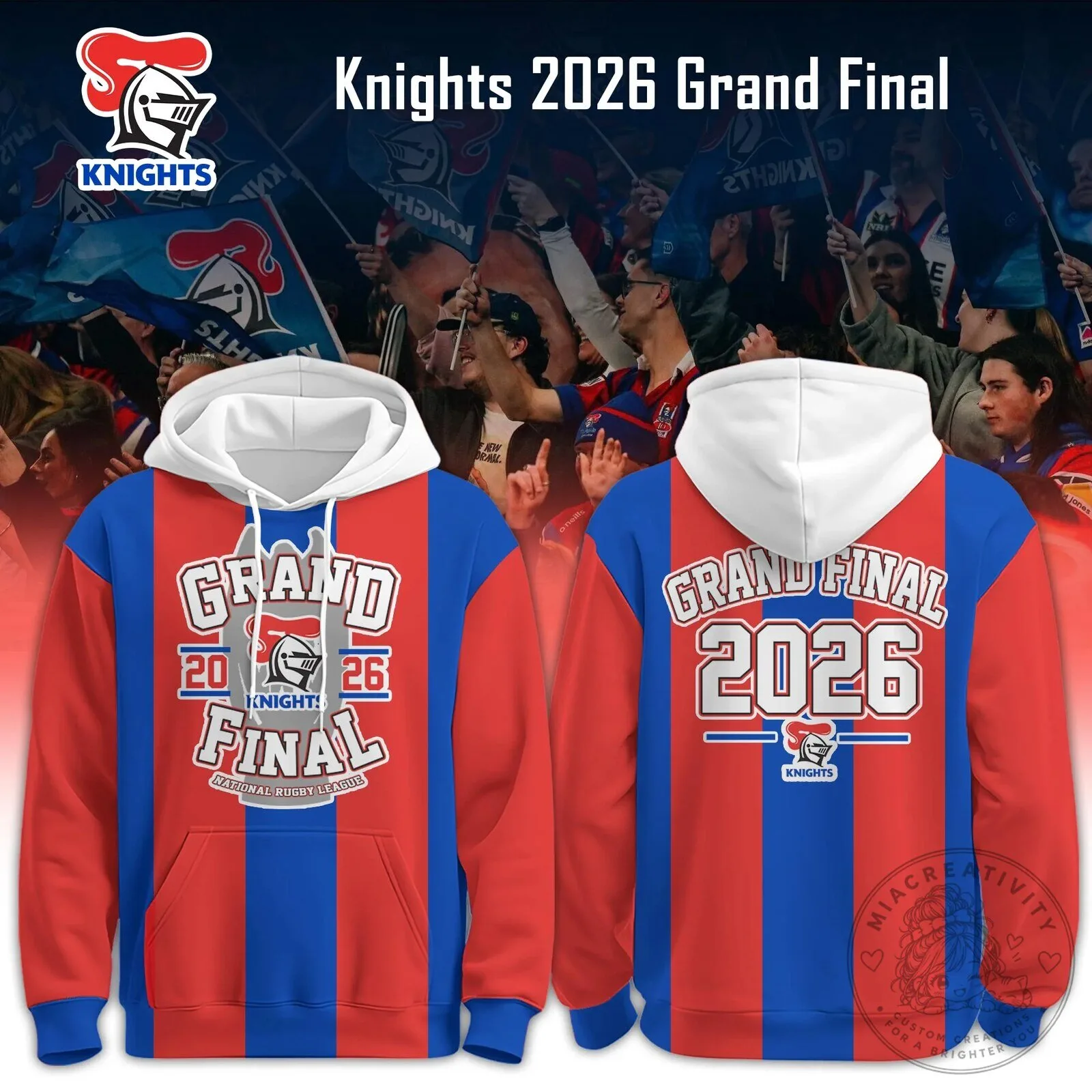 Newcastle Knights 2026 Grand Final Rugby League Red Blue Stripe Hoodie