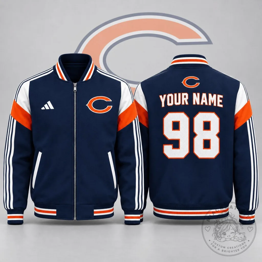 Chicago Bears Custom Name And Number Full Zip Varsity Jacket
