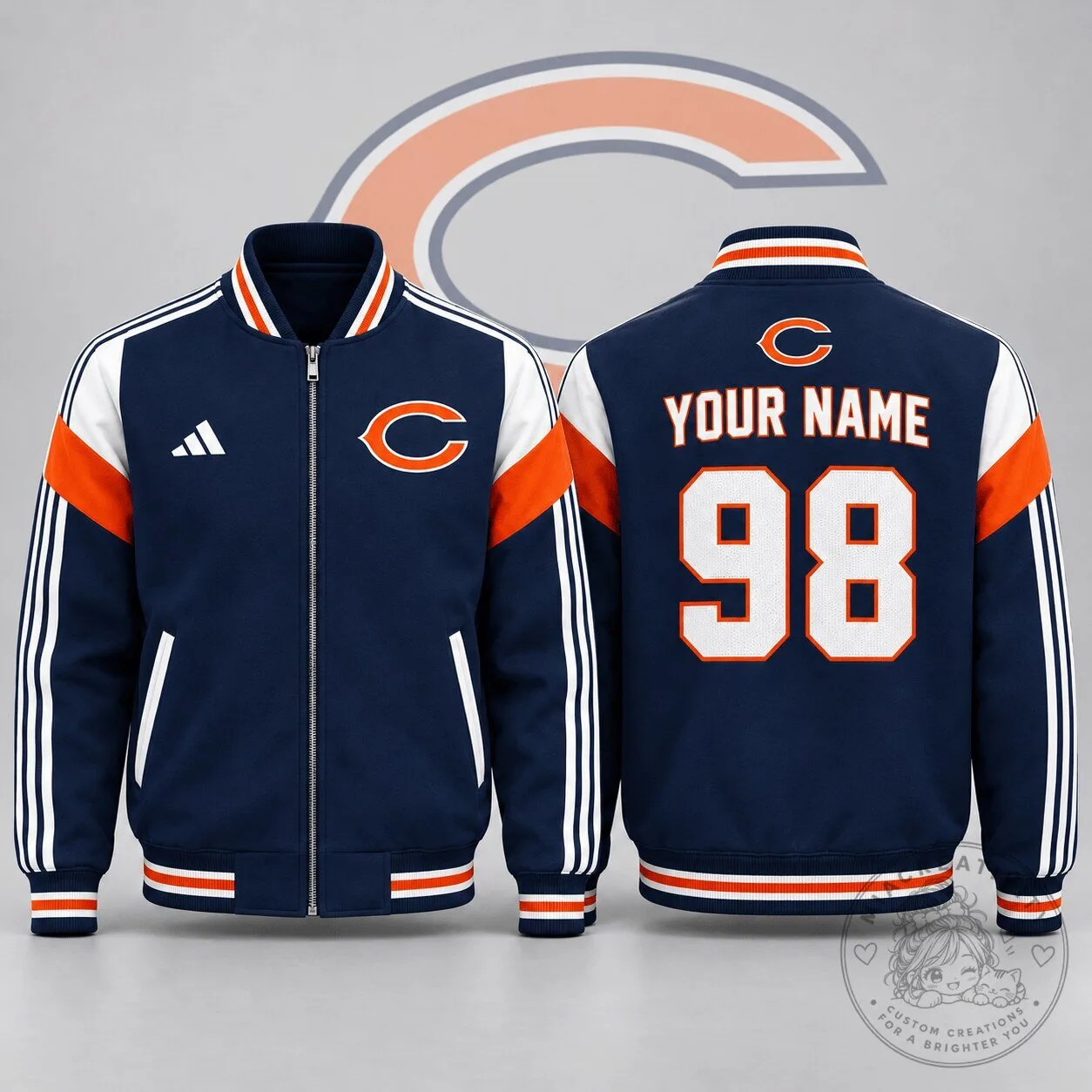 Chicago Bears Custom Name And Number Full Zip Varsity Jacket