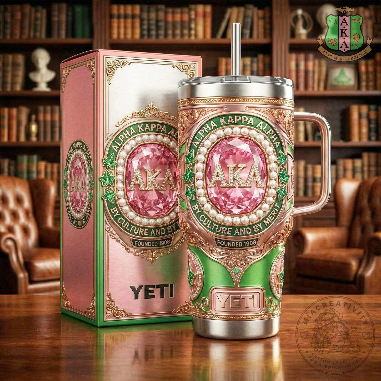 Pink and Green Pearl Tumbler with Handle for Alpha Kappa Alpha Sorority