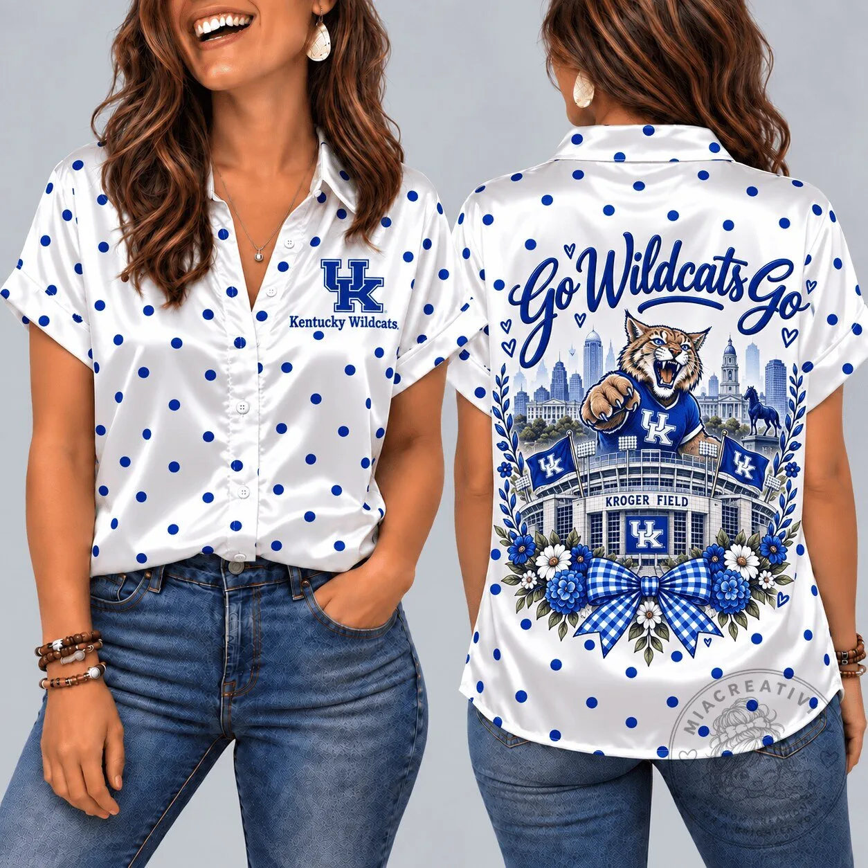 Kentucky Wildcats Mascot Polka Dot Short Sleeve Button Down Shirt
