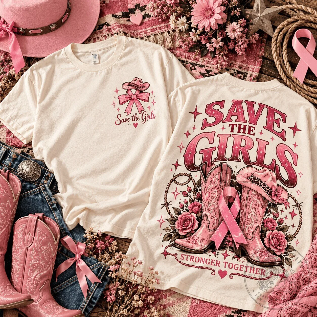 Save the Girls Pink Ribbon Western Boots Breast Cancer Awareness T-Shirt