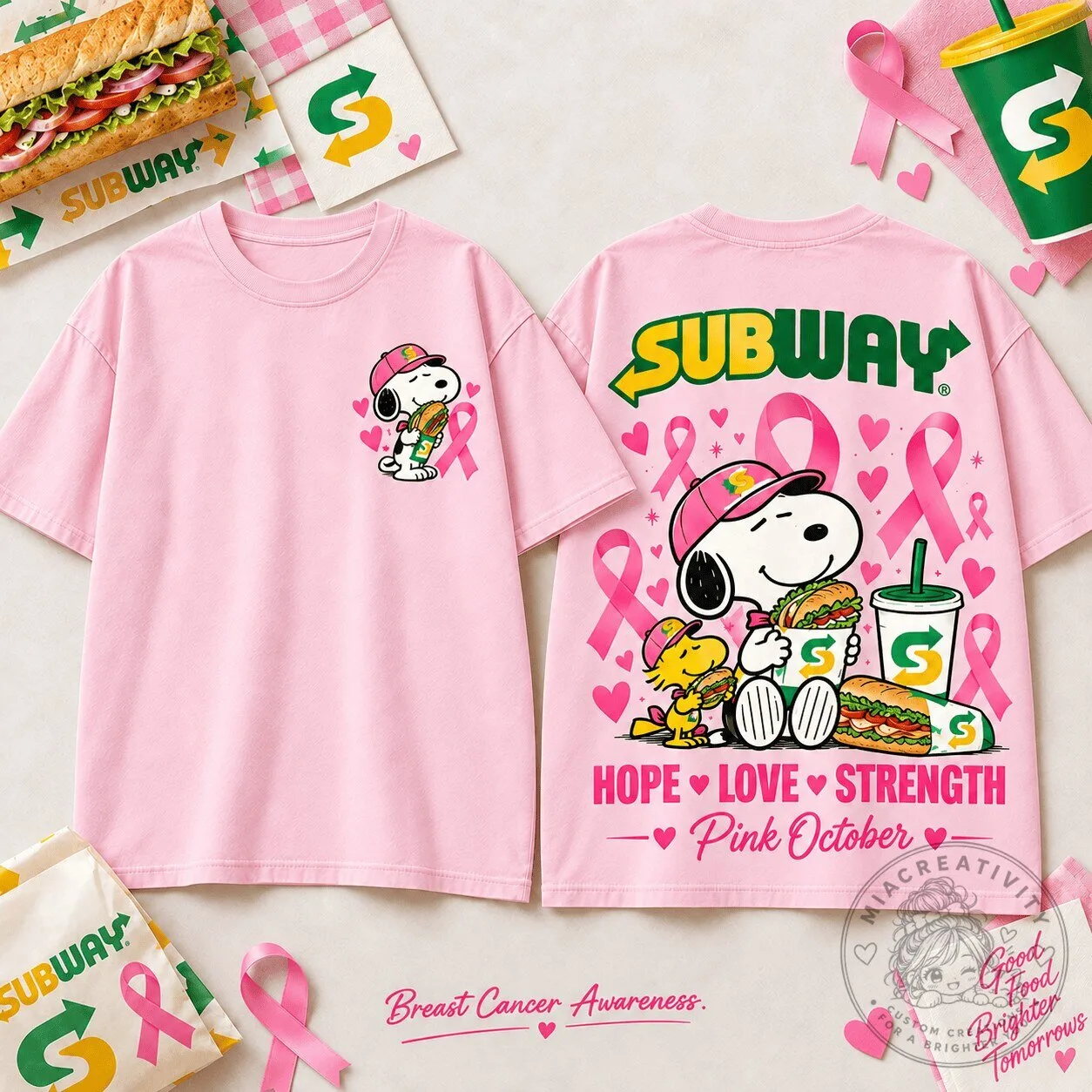 Snoopy Subway Pink Ribbon Breast Cancer Awareness Hope Love Strength T-Shirt
