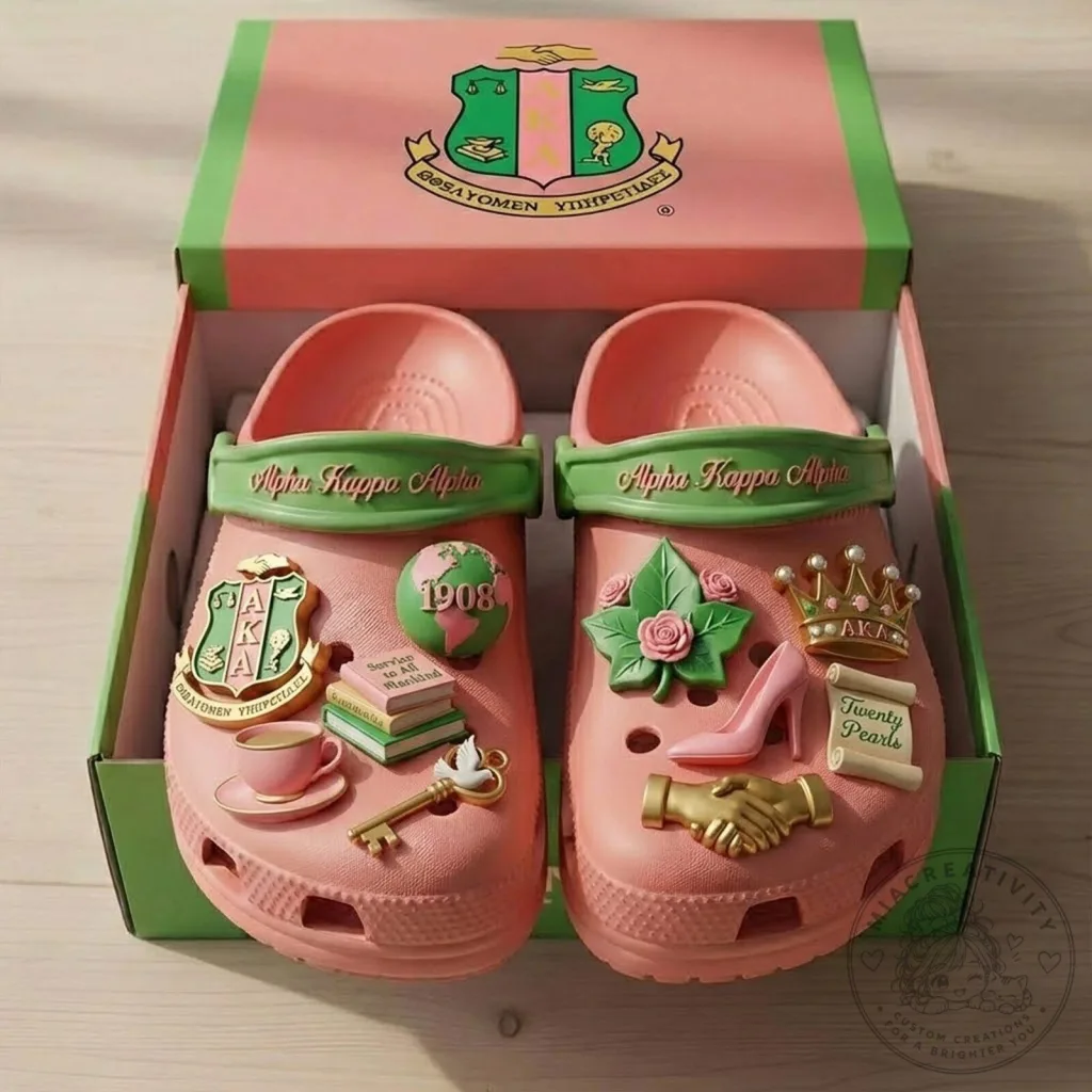 Alpha Kappa Alpha Sorority Pink Clogs with Twenty Pearls Charms Alpha Kappa Alpha Sorority Pink Clogs with Twenty Pearls Charms