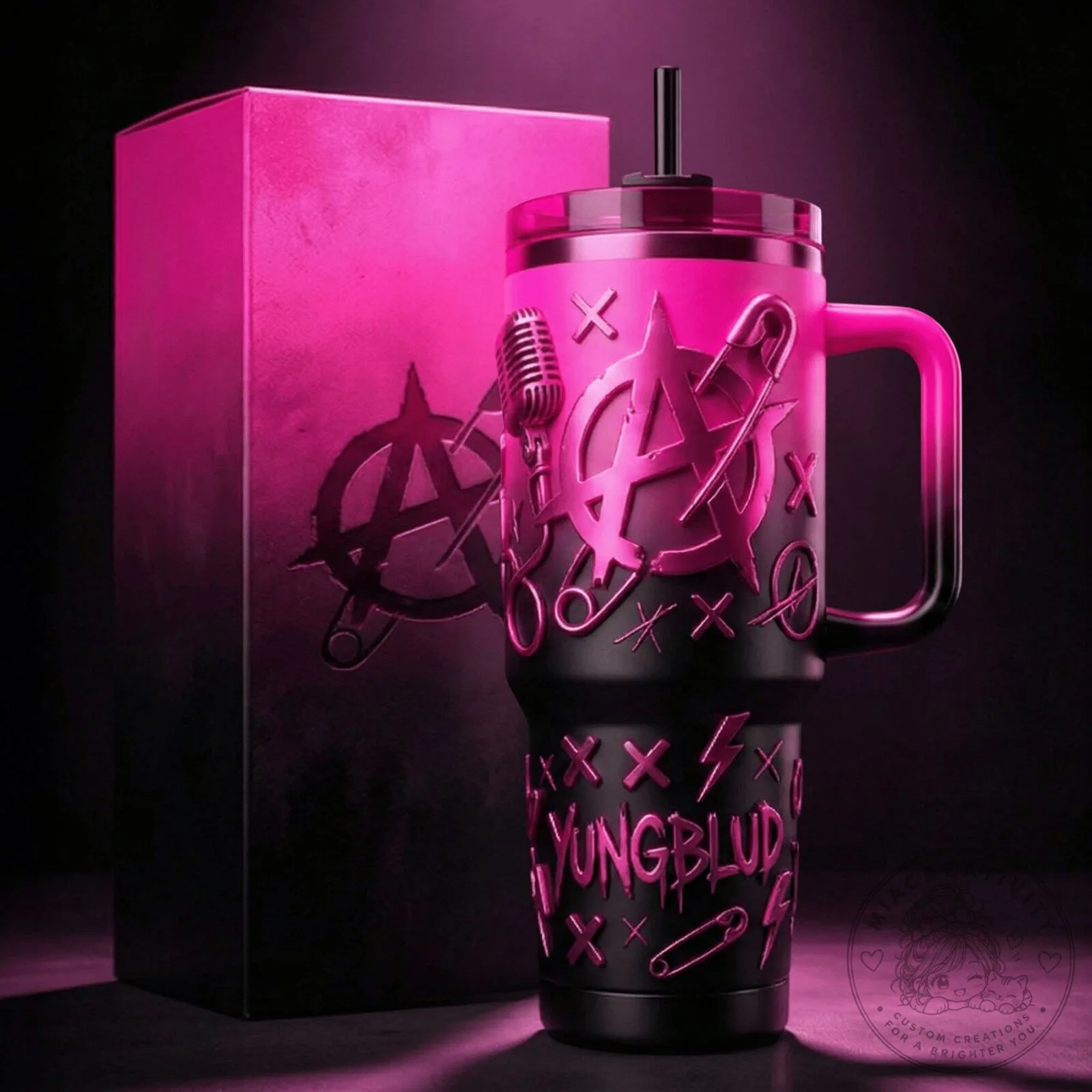 Yungblud Black and Pink Anarchy Symbol Insulated Handle Tumbler with Straw