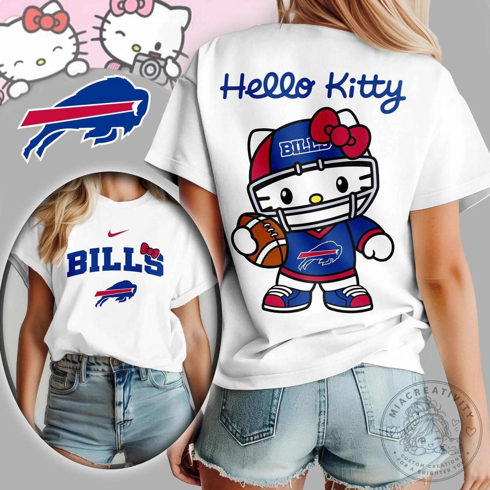 Buffalo Bills Hello Kitty Football Fan White Graphic T-Shirt for Women