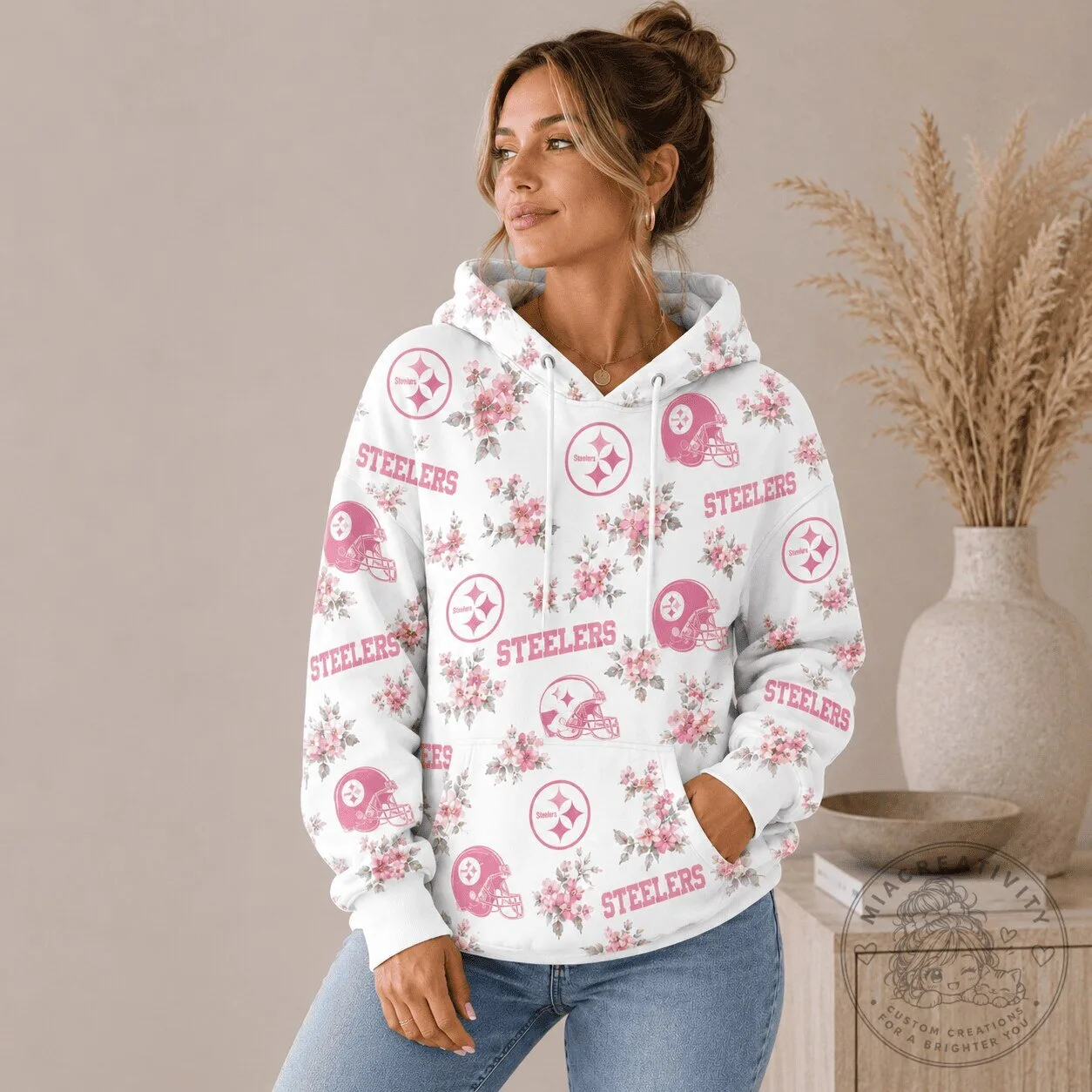 Pittsburgh Steelers Pink Floral Pattern Women's Football Team Hoodie
