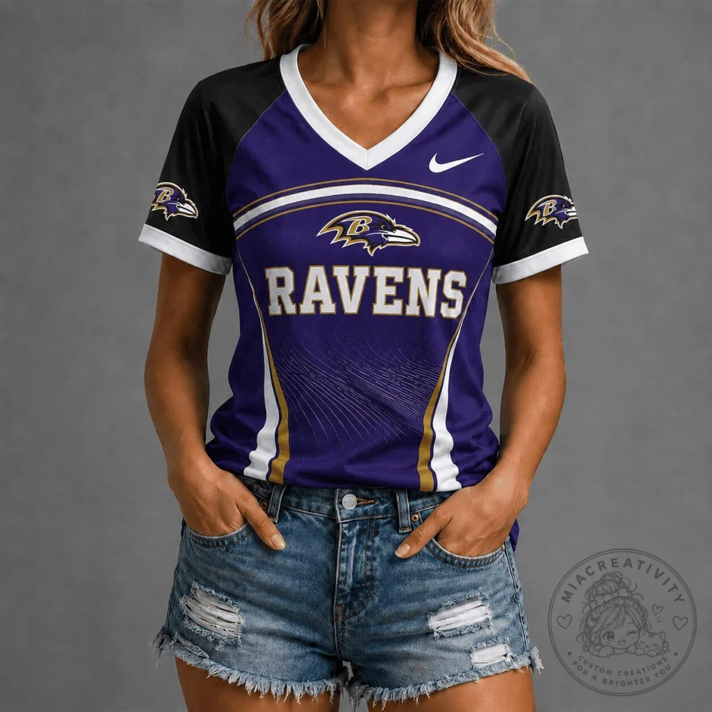 Baltimore Ravens Football Team Premium Victory Wave V-Neck T-Shirt Baltimore Ravens Football Team Premium Victory Wave V-Neck T-Shirt
