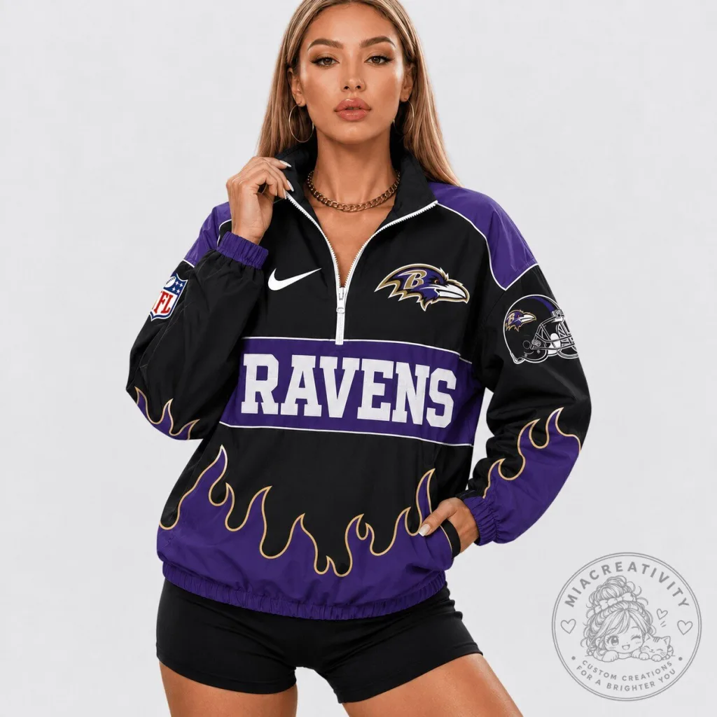 Baltimore Ravens NFL Flame Design Quarter Zip Pullover Jacket Baltimore Ravens NFL Flame Design Quarter Zip Pullover Jacket