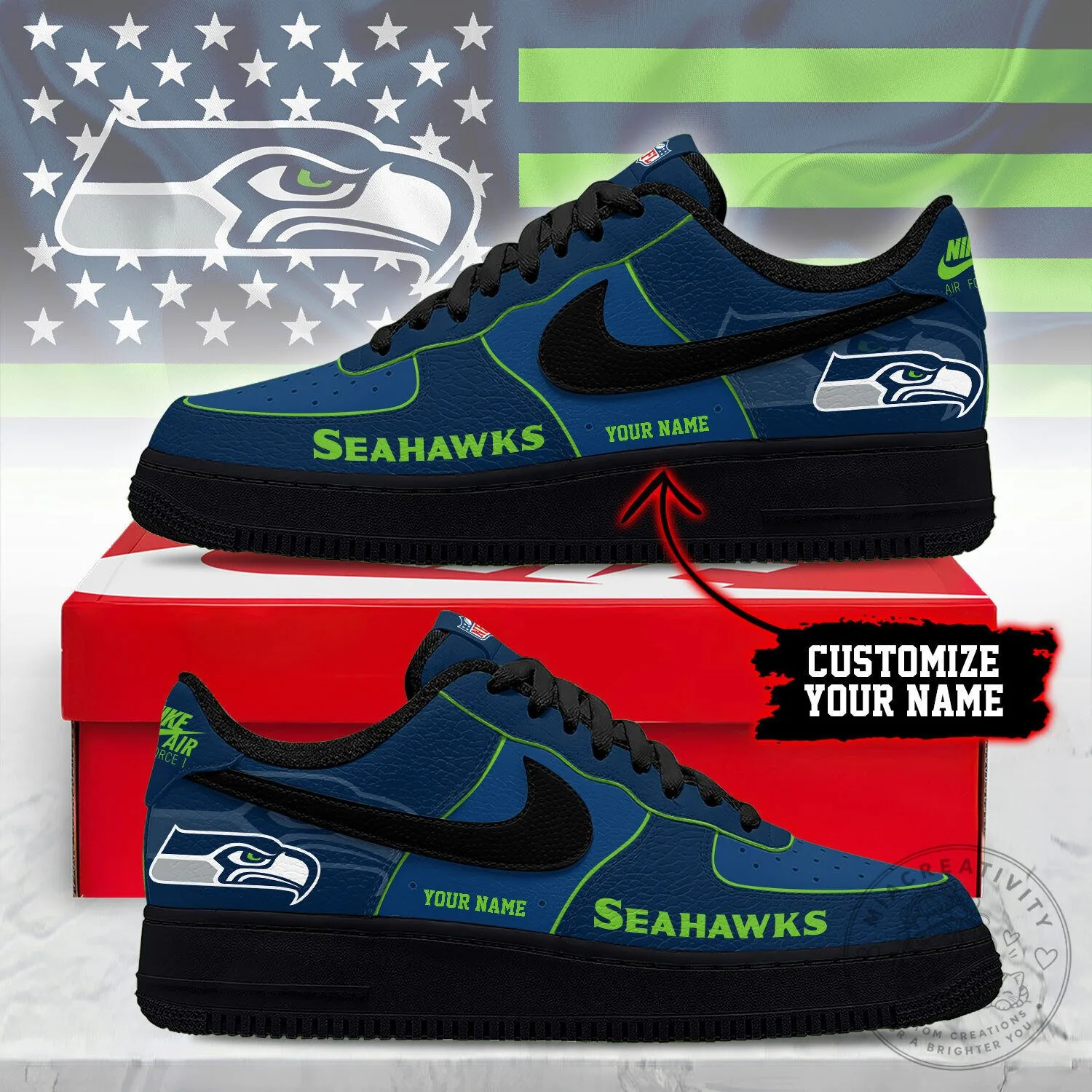 Seattle Seahawks Custom Name Blue Black Air Force 1 Sneakers Shoes