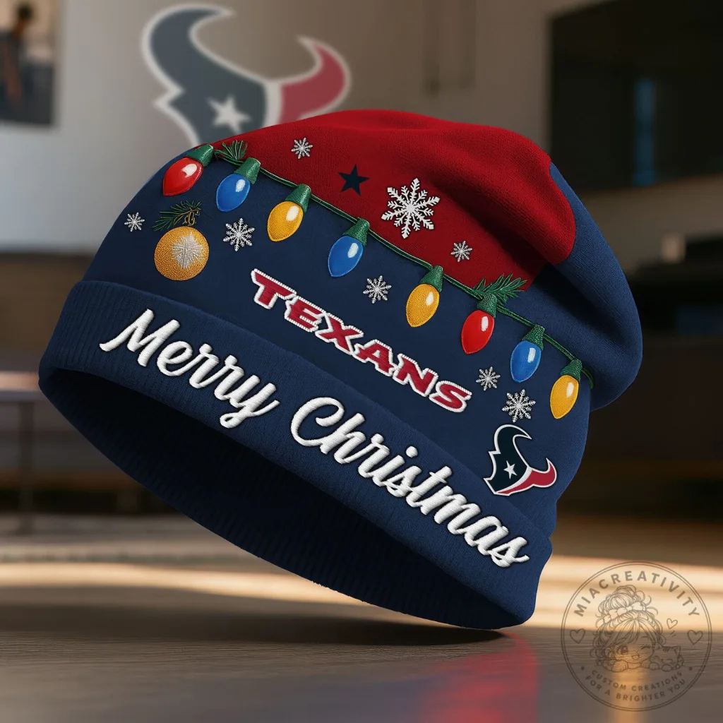 Houston Texans Merry Christmas Winter Beanie Hat with Holiday Lights Design Houston Texans Merry Christmas Winter Beanie Hat with Holiday Lights Design