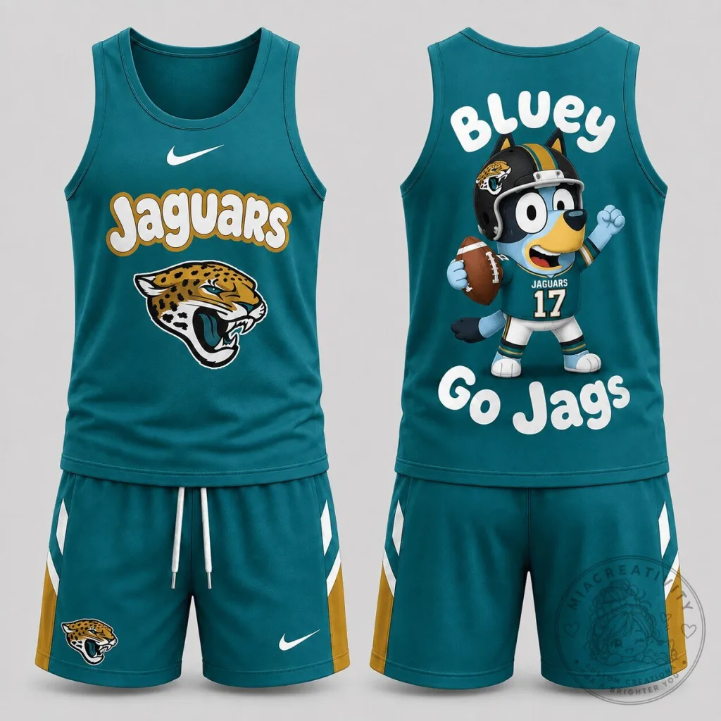 Jacksonville Jaguars Bluey Cartoon Character Football Fan Tank Top and Shorts Set Jacksonville Jaguars Bluey Cartoon Character Football Fan Tank Top and Shorts Set