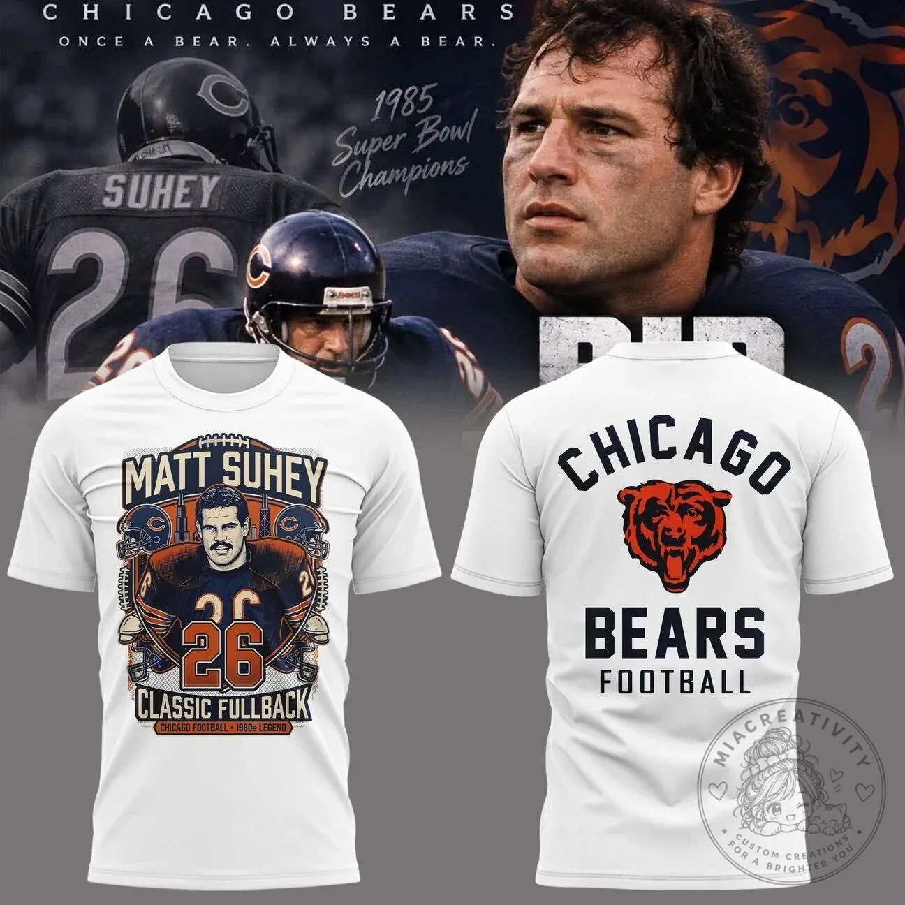 Matt Suhey 1985 Super Bowl Champions Football T-Shirt - Chicago Bears Apparel