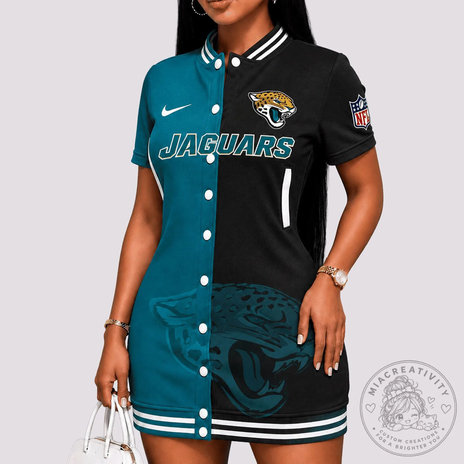 Jacksonville Jaguars Women's Split Design Button Down Short Sleeve Dress