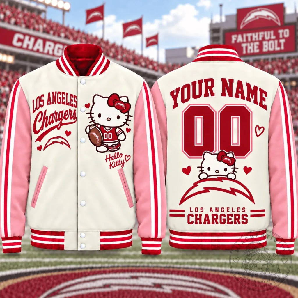 Los Angeles Chargers Hello Kitty Personalized Name and Number Varsity Jacket Los Angeles Chargers Hello Kitty Personalized Name and Number Varsity Jacket