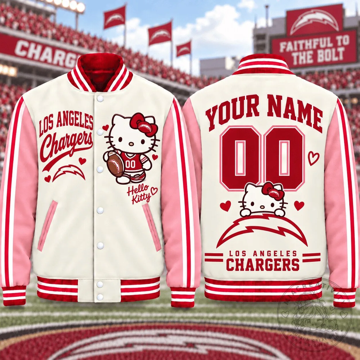 Los Angeles Chargers Hello Kitty Personalized Name and Number Varsity Jacket