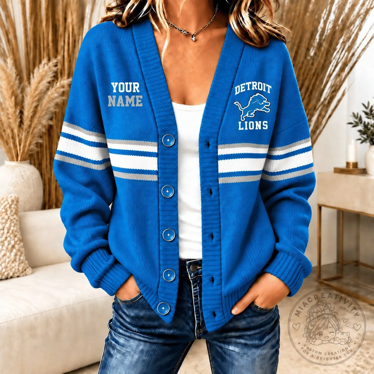 Detroit Lions Fan Personalized Knitted Cardigan Sweater for Women