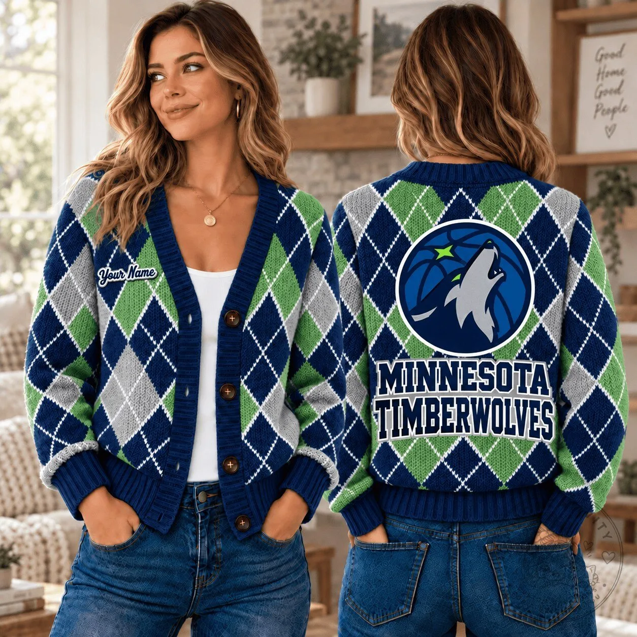 Minnesota Timberwolves Custom Name Argyle Pattern Cardigan Jacket