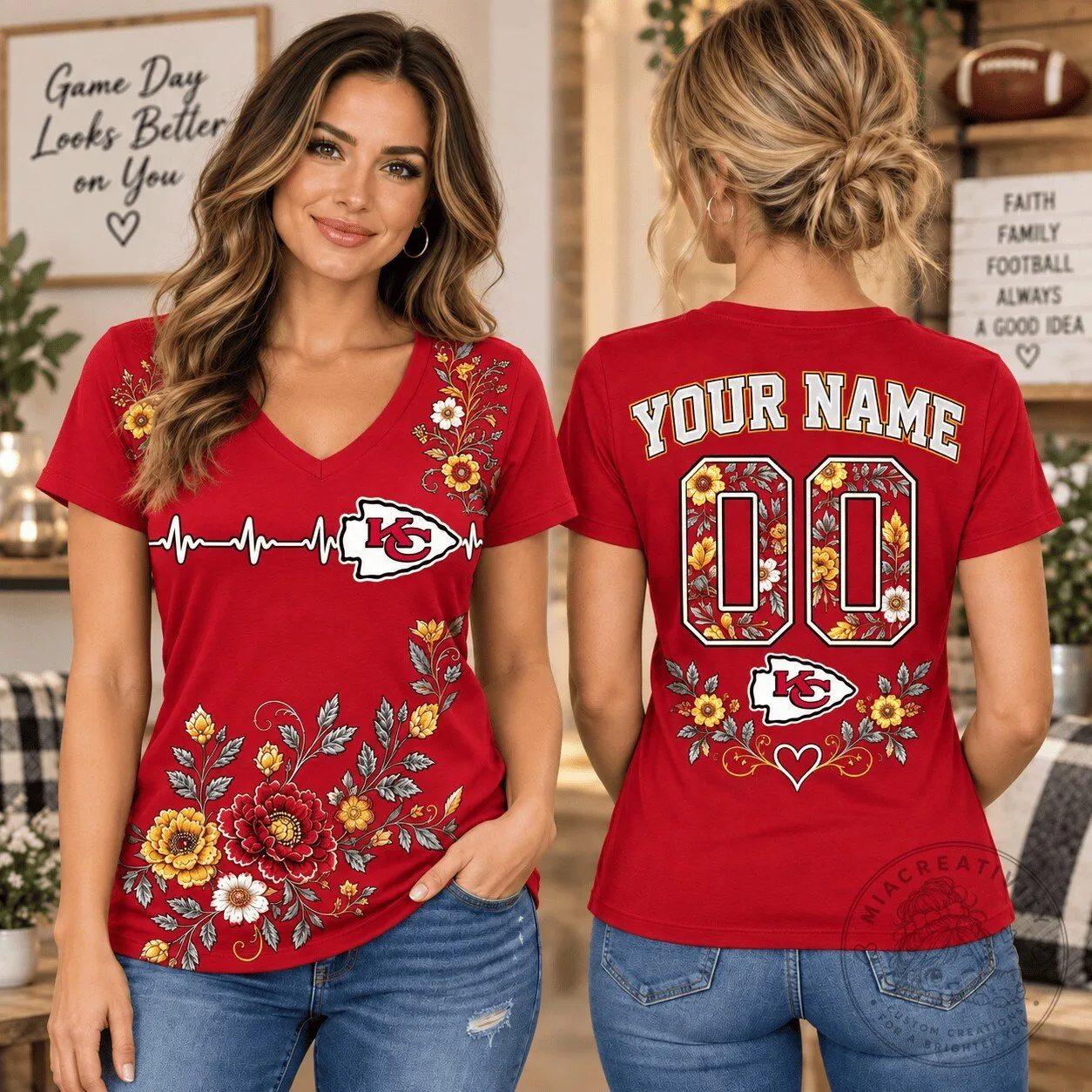 Kansas City Chiefs 1d fan shirt, Personalized Floral V-Neck T-Shirt