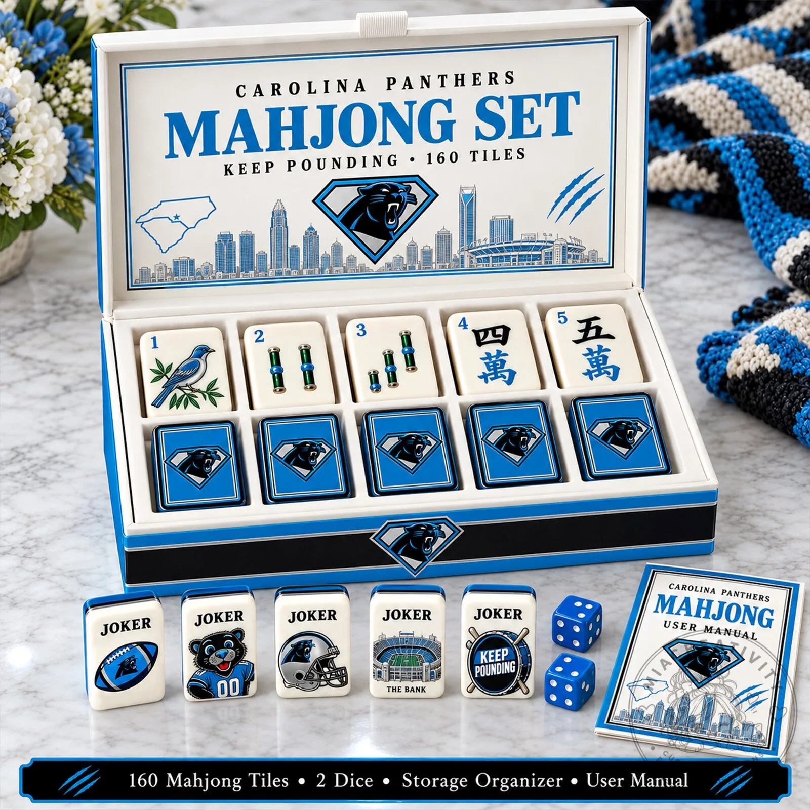 Carolina Panthers Mahjong Set with 160 Tiles and Dice