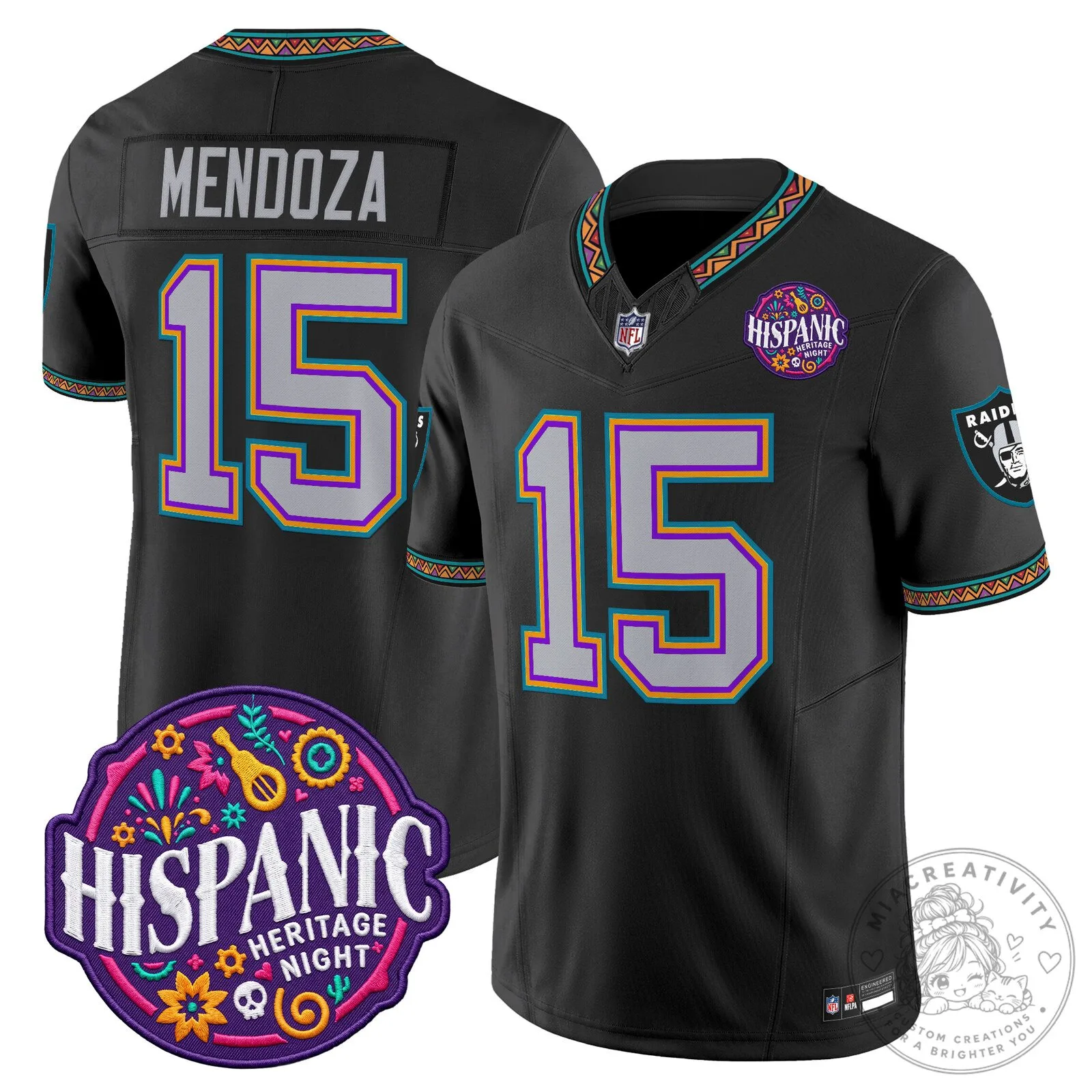 Las Vegas Raiders Hispanic Heritage Month Mendoza Number 15 Football Jersey 2 Las Vegas Raiders Hispanic Heritage Month Mendoza Number 15 Football Jersey