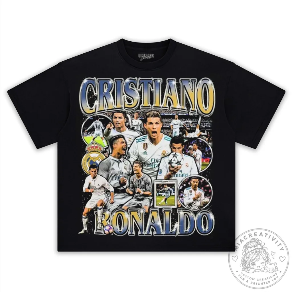 Black T-Shirt Featuring Cristiano Ronaldo Football Legend Graphic