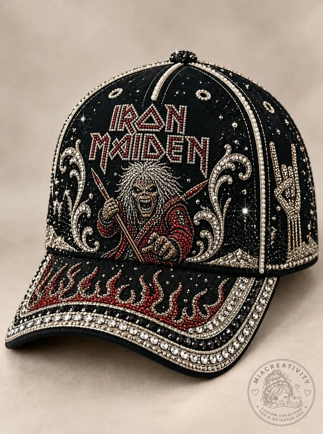 Iron Maiden Eddie The Head Crystal Embellished Black Cap Hat