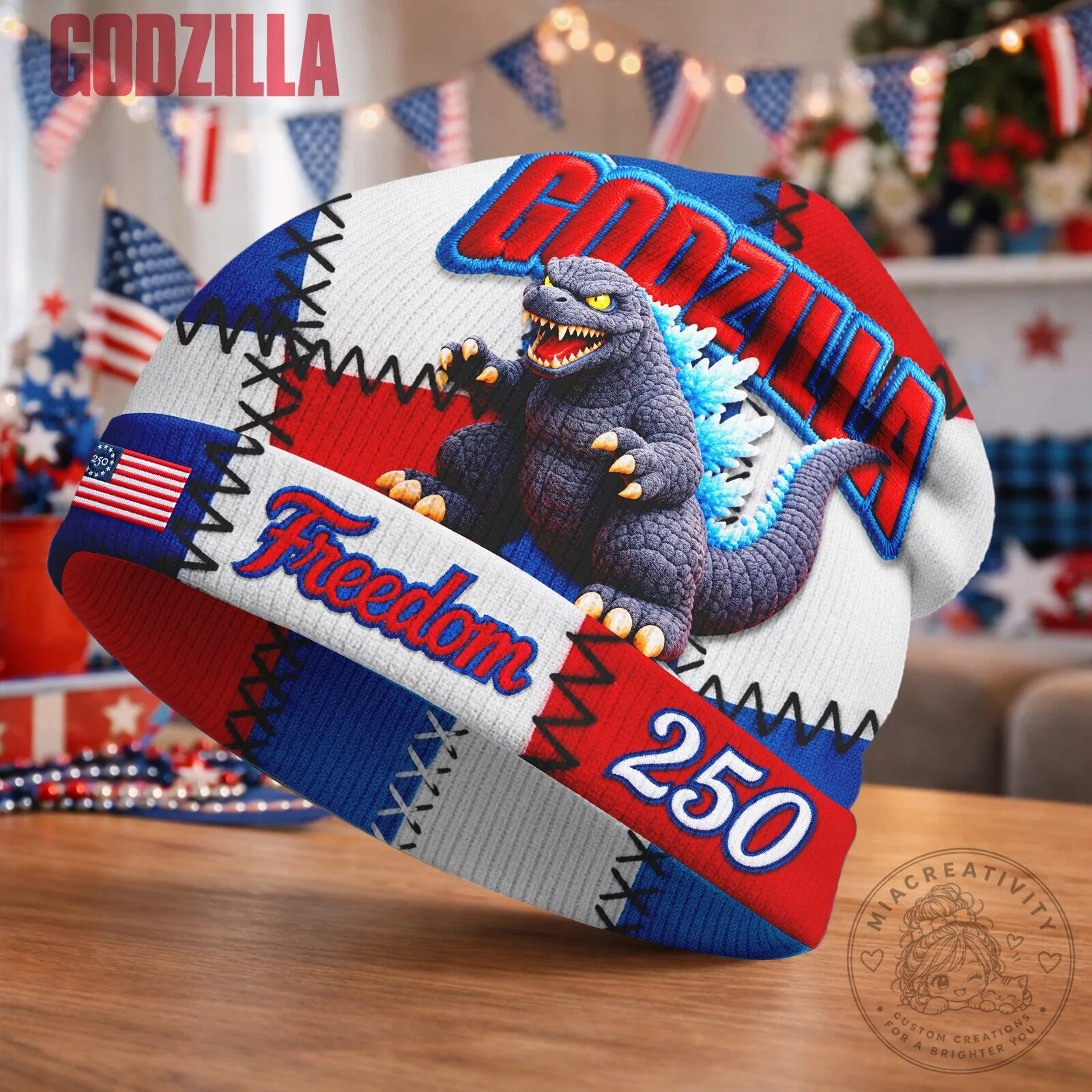 Fourth of July Godzilla Red White Blue Freedom Patriotic Beanie Hat
