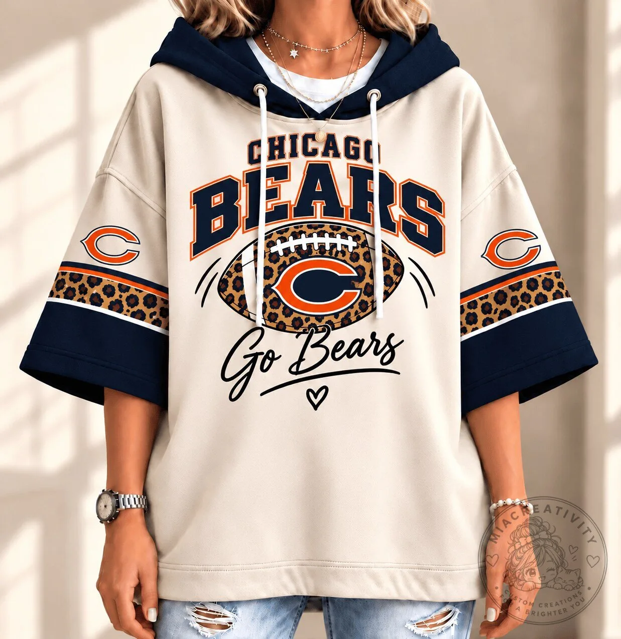Chicago Bears Leopard Print Football Fan Short Sleeve Hoodie