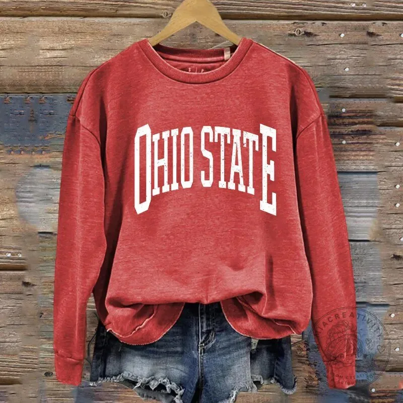 Ohio State University Distressed Red College Football Sweatshirt