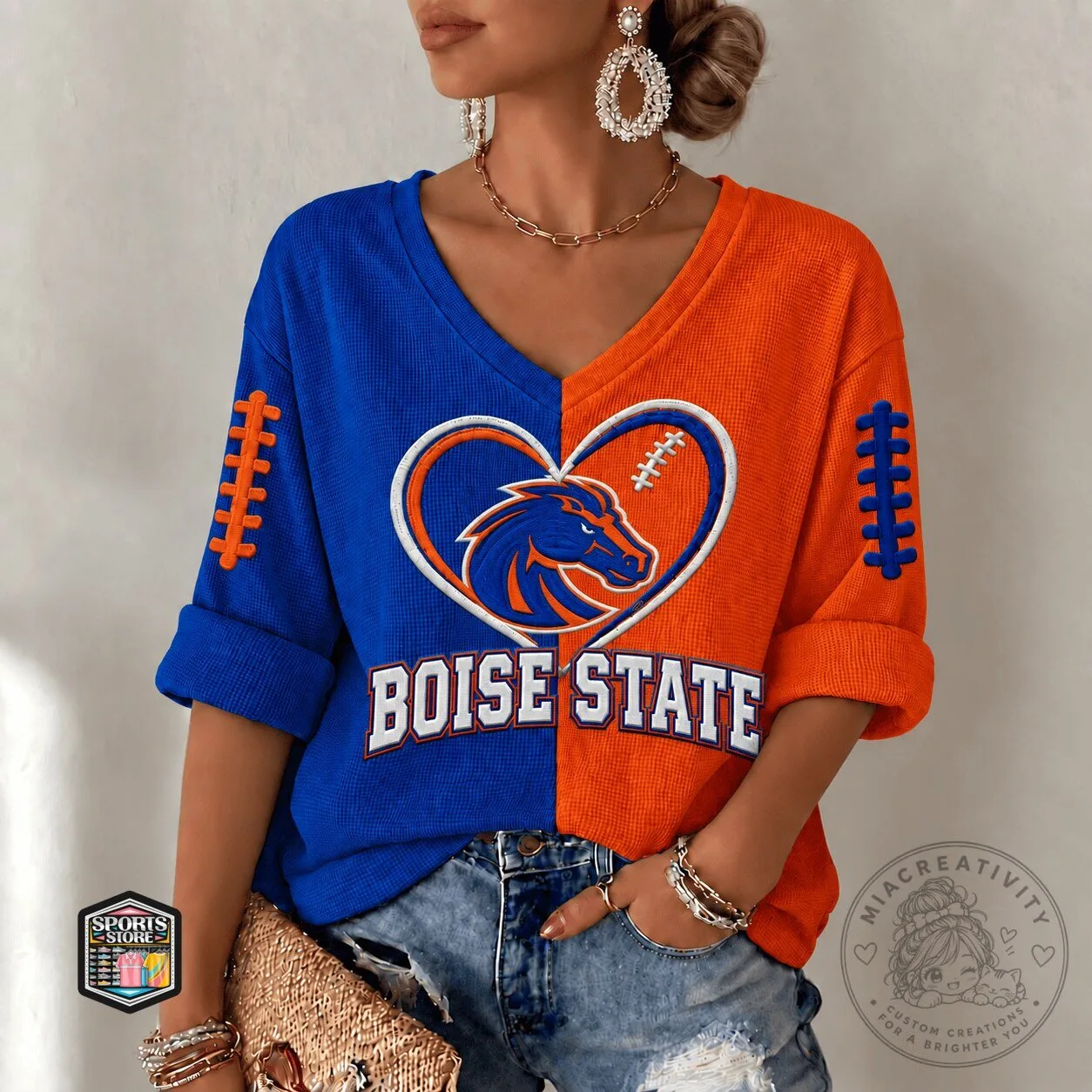 Boise State Broncos Football Team Fan V-Neck Long Sleeve Shirt