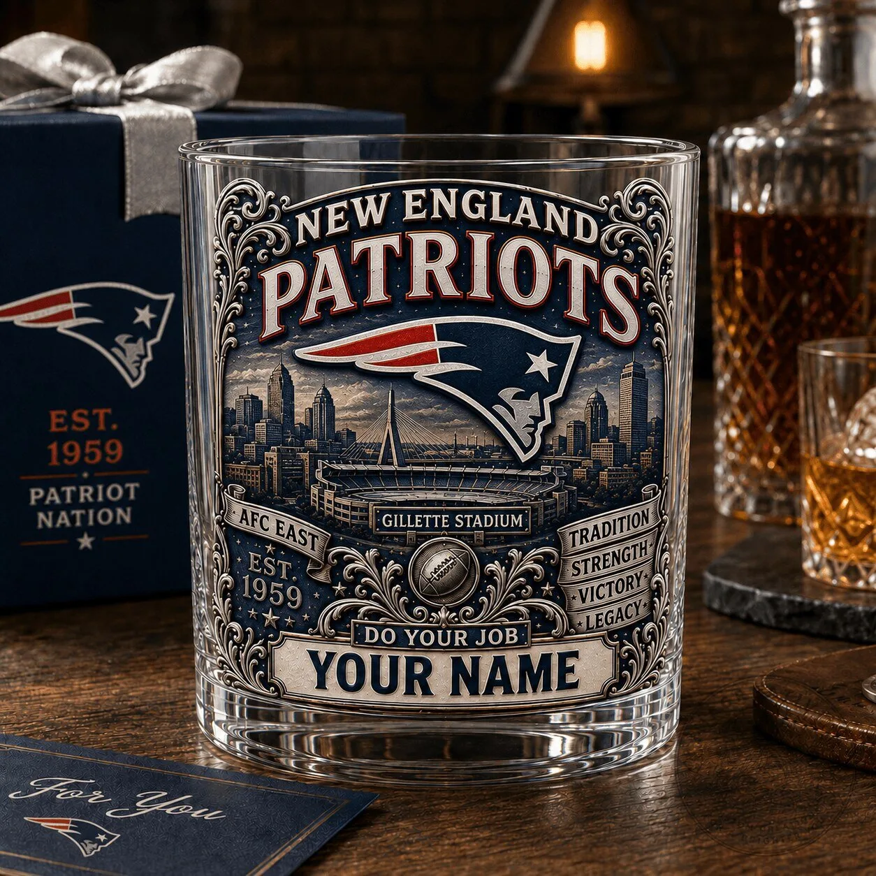 New England Patriots Gillette Stadium Custom Name Football Fan Drinking Glass