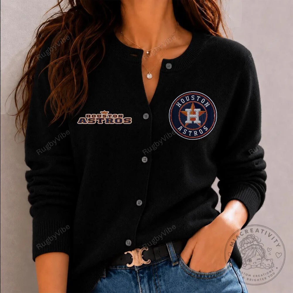 Houston Astros Baseball Team Logo Women's Black Cardigan Sweater