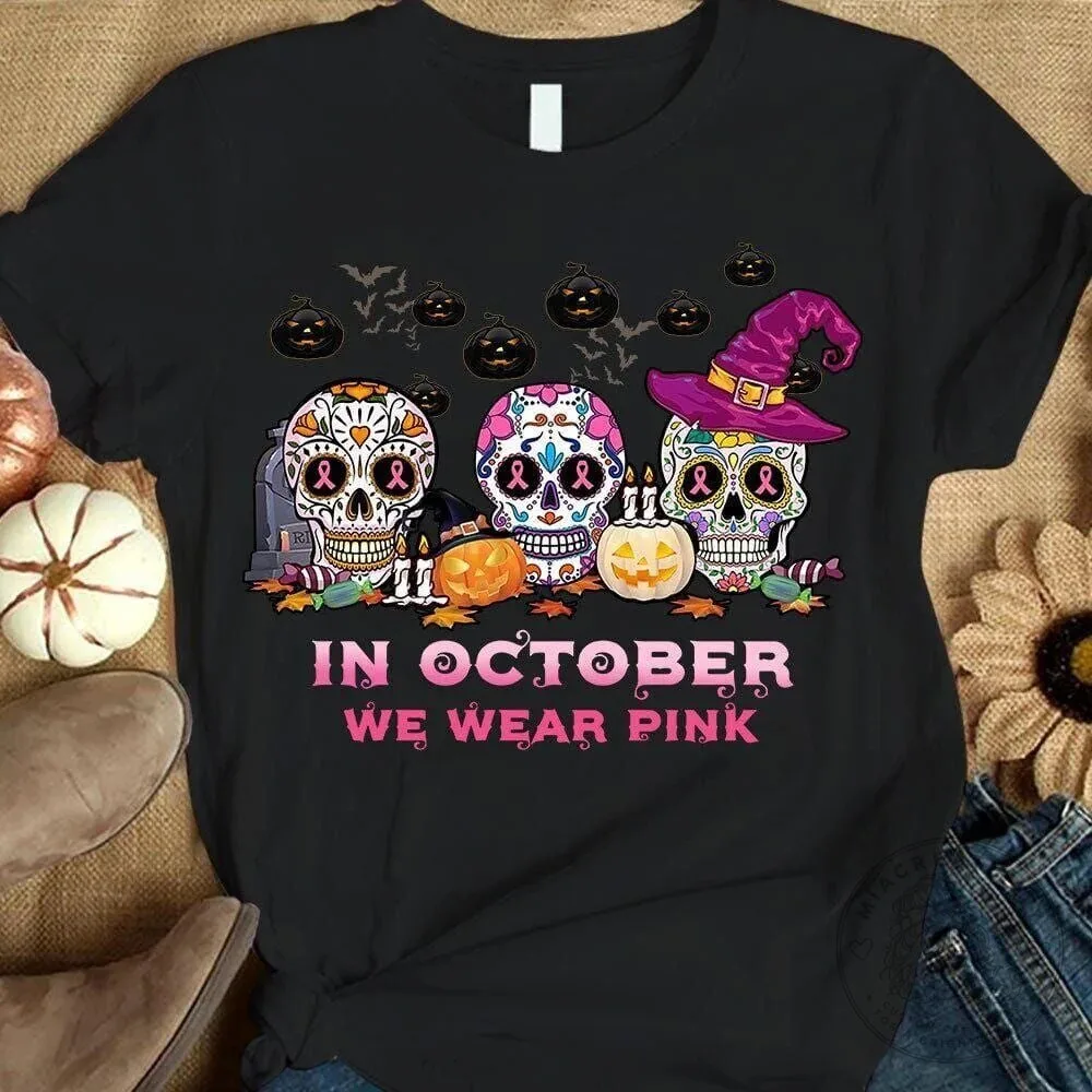 Breast Cancer Awareness Pink Ribbon Skull Halloween October T-Shirt