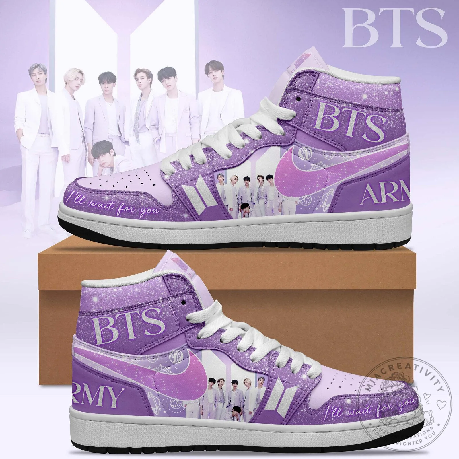 BTS K-Pop Band Purple High Top Sneakers with I'll Wait For You Quote