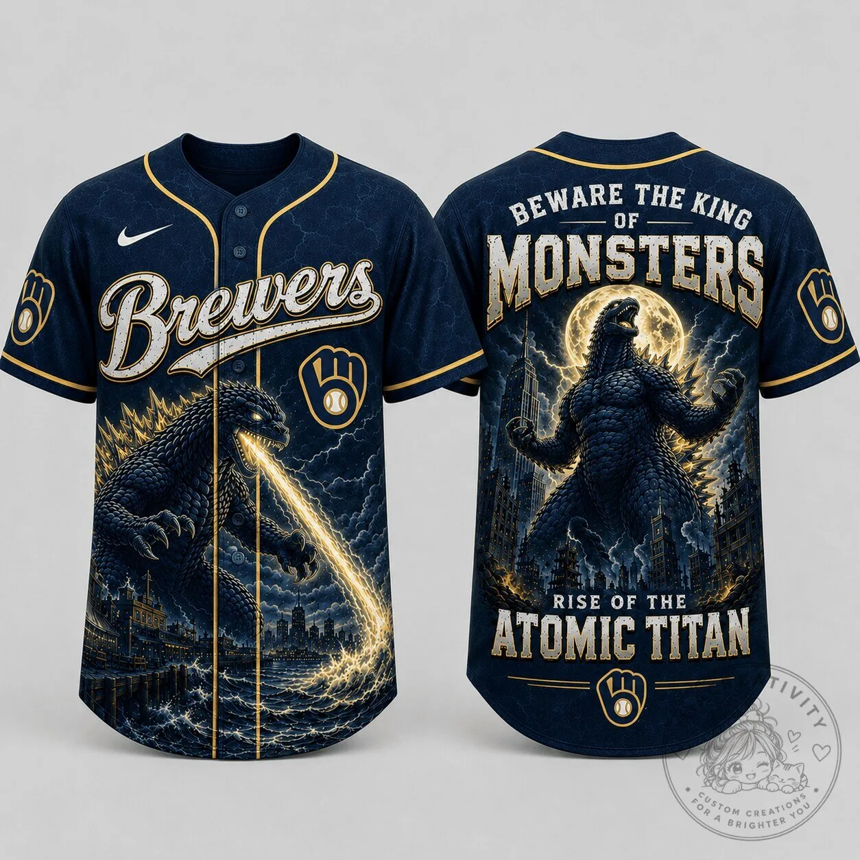 Milwaukee Brewers Baseball King of Monsters Godzilla Graphic Jersey
