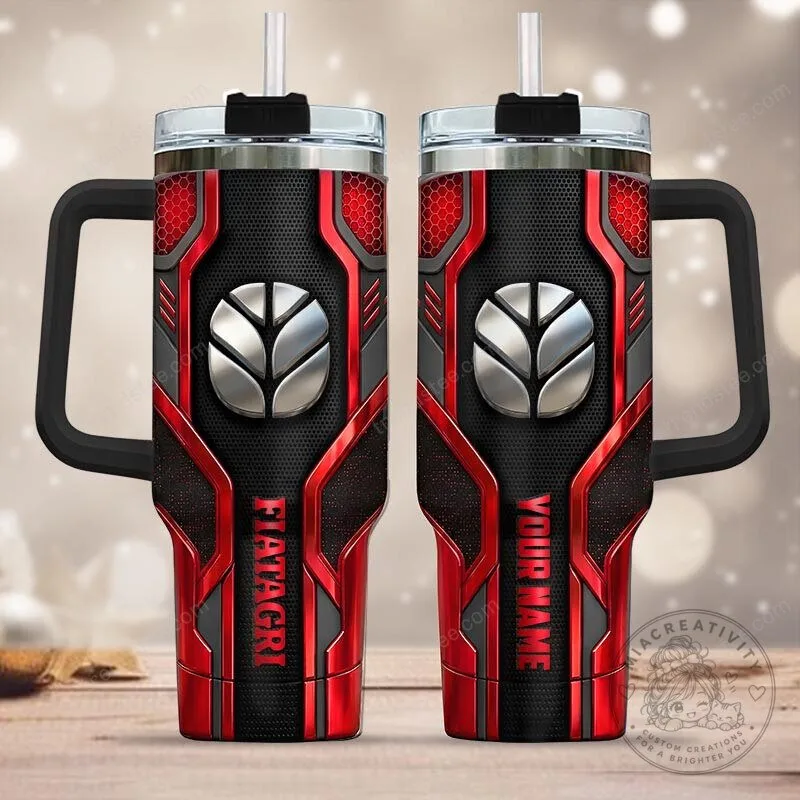 Fiatagri Logo Personalized Red and Black Stainless Steel Tumbler with Handle