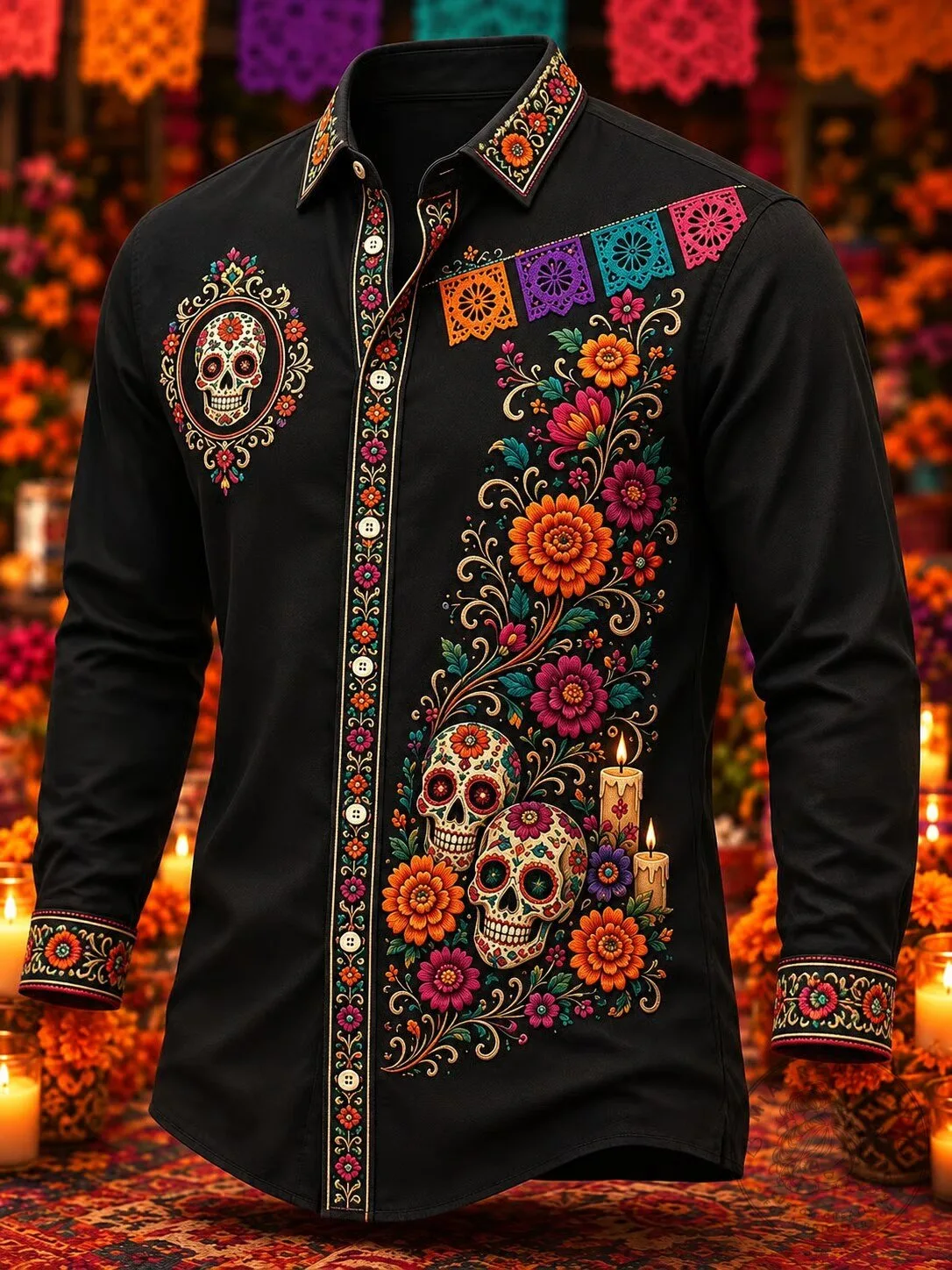 Day of the Dead Sugar Skull Embroidered Black Long Sleeve Button Down Shirt 2 Day of the Dead Sugar Skull Embroidered Black Long Sleeve Button Down Shirt