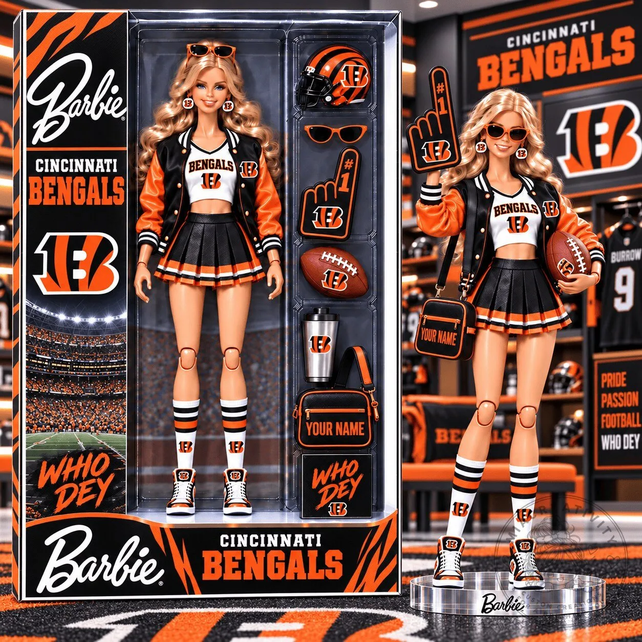 Cincinnati Bengals Barbie Doll Collectible Figurine with Custom Name Option