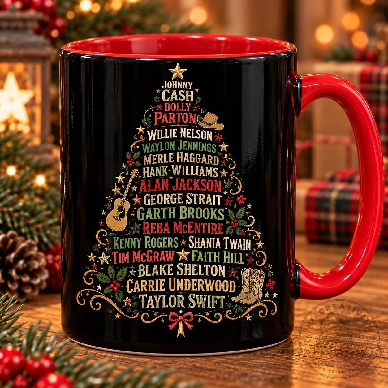 Country Music Christmas Tree Legends Coffee Mug with Dolly Parton and Johnny Cash