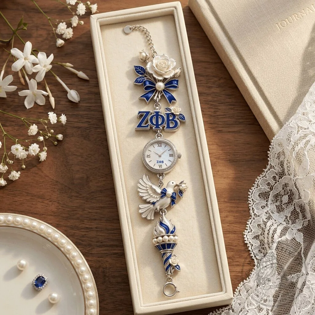 Zeta Phi Beta Sorority White Rose Dove Torch Charm Bracelet Watch
