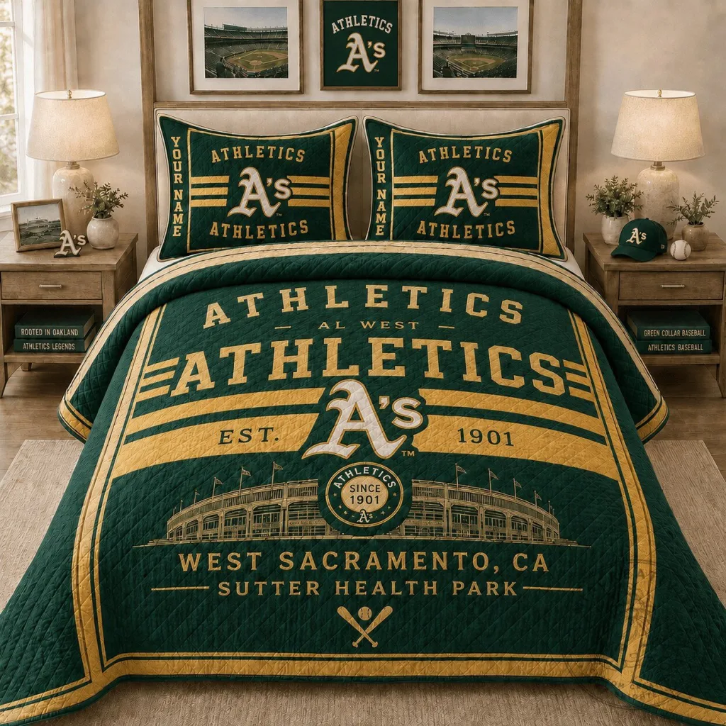Oakland Athletics Baseball Team Quilt Bedding Set with Pillow Shams Oakland Athletics Baseball Team Quilt Bedding Set with Pillow Shams